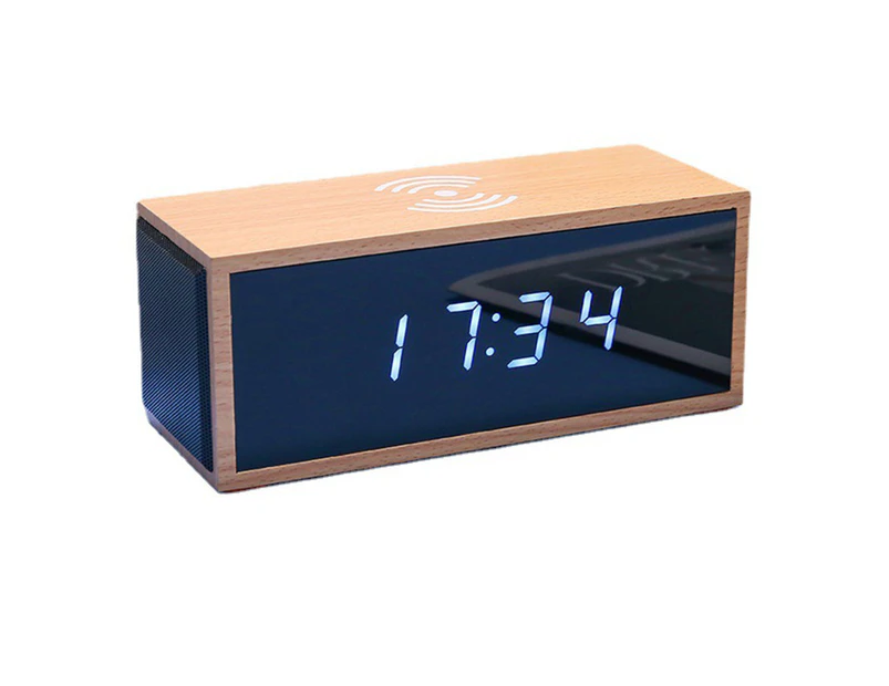 Creative intelligent multi-function led wireless charging alarm clock wooden Bluetooth speaker