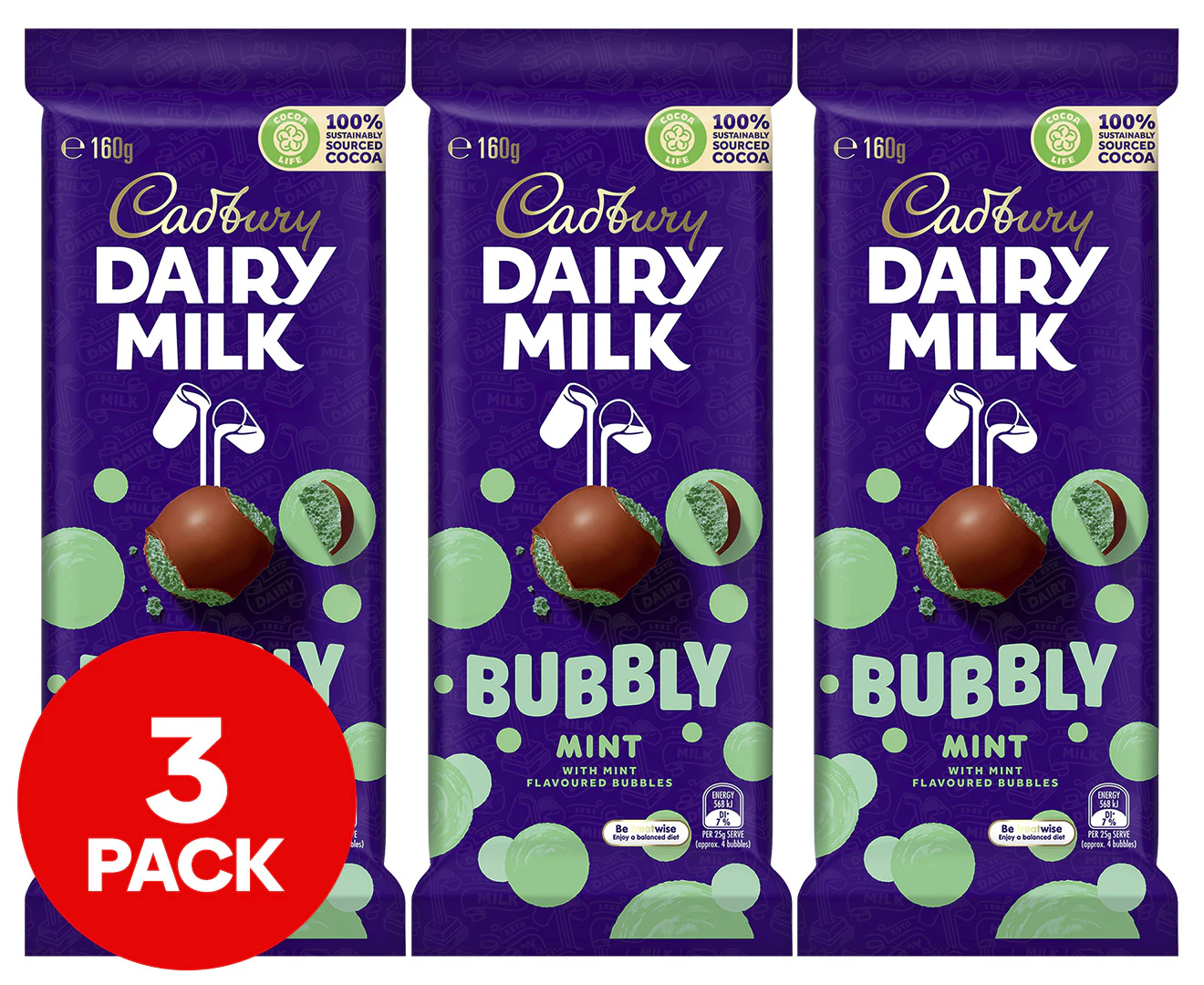 3 x Cadbury Dairy Milk Bubbly Mint 160g