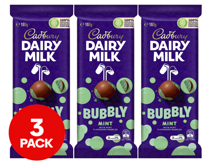 3 x Cadbury Dairy Milk Bubbly Mint 160g