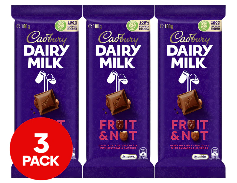 3 x Cadbury Dairy Milk Fruit & Nut 180g