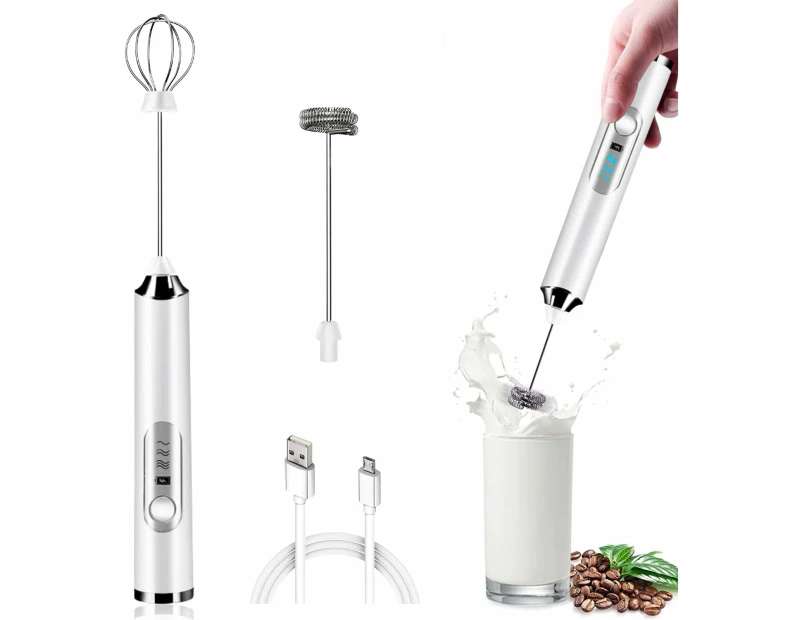 Milk Frother Handheld Electric Whisk Coffee Frother Mixer with 2 Stainless whisks 3 Speed Adjustable Foam Maker Blender -White
