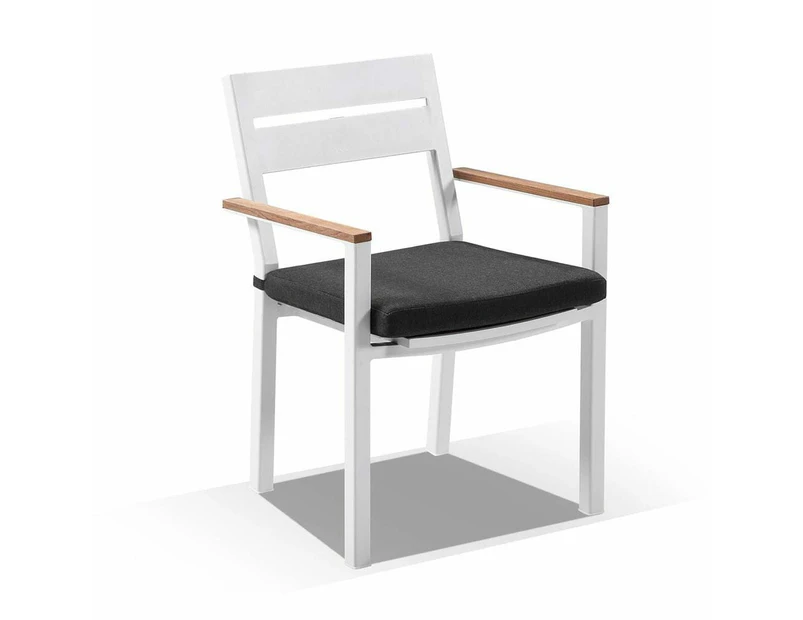 Outdoor Capri Outdoor Aluminium Dining Chair With Teak Timber Arm Rests - Outdoor Aluminium Chairs - White Aluminium with Denim
