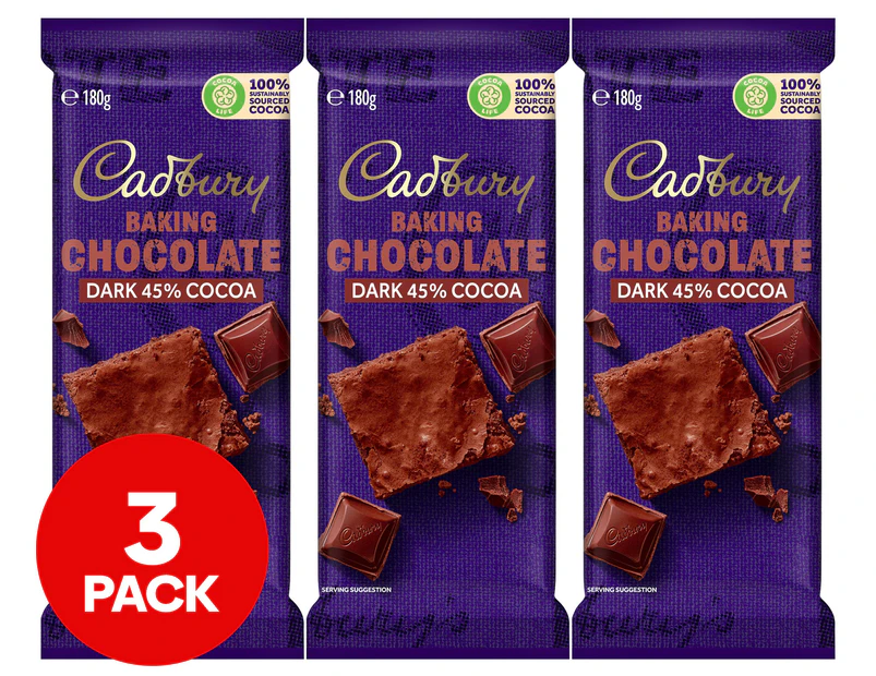 3 x Cadbury Baking Chocolate Block 45% Cocoa Dark Chocolate 180g