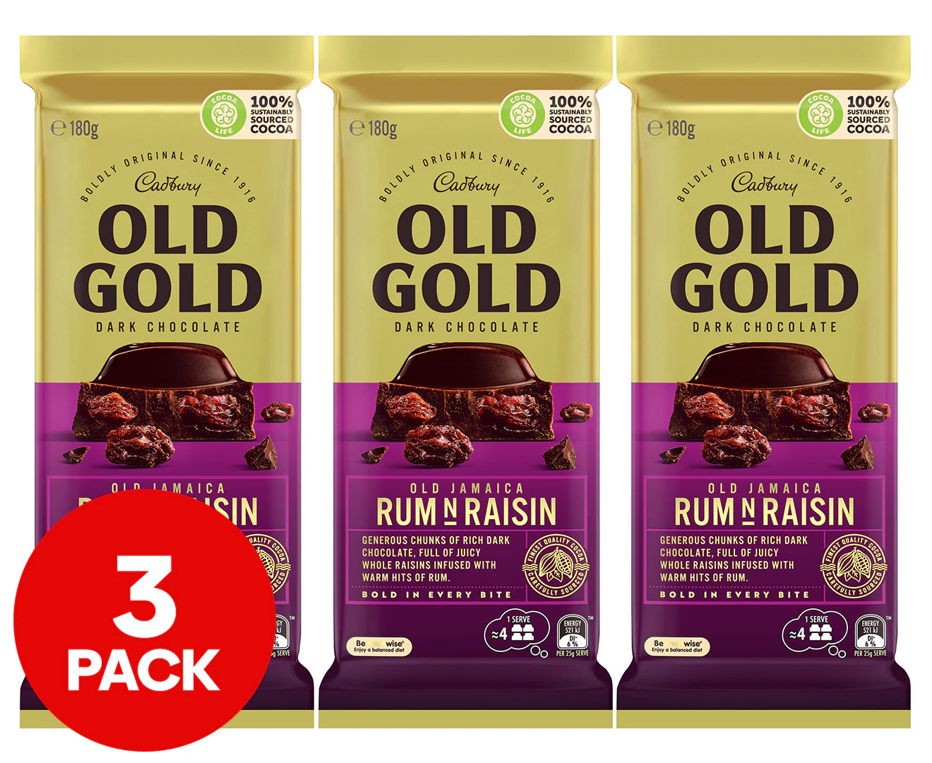 3 x Cadbury Old Gold Old Jamaica Rum & Raisin 180g