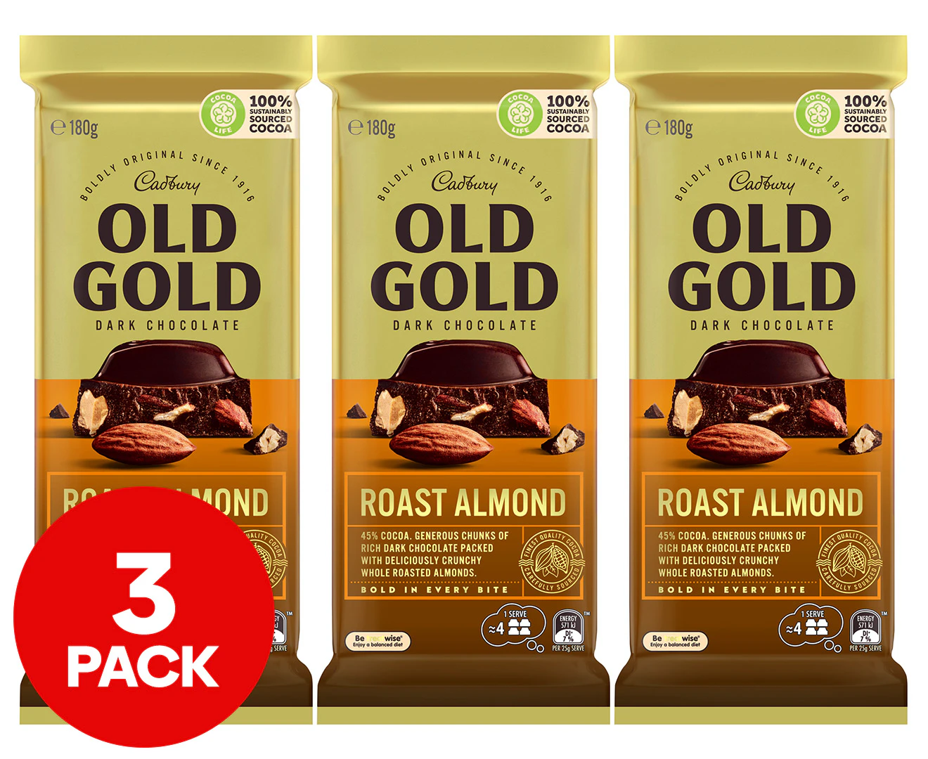 3 x Cadbury Old Gold Dark Chocolate Roast Almond 180g