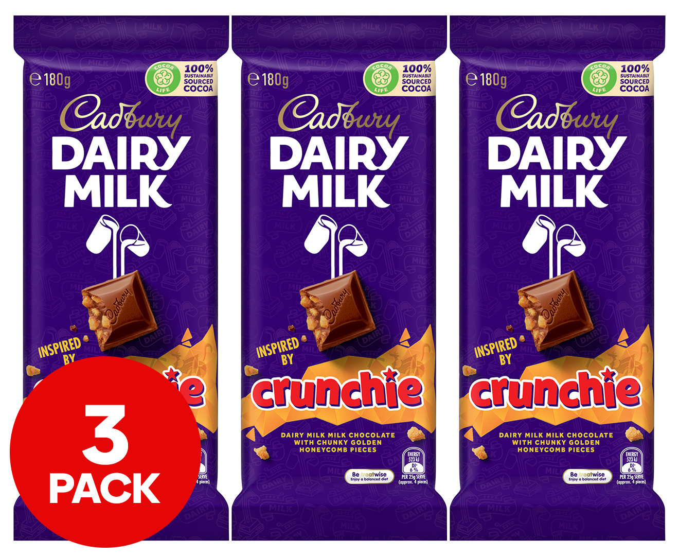 3 X Cadbury Dairy Milk Crunchie 180g 