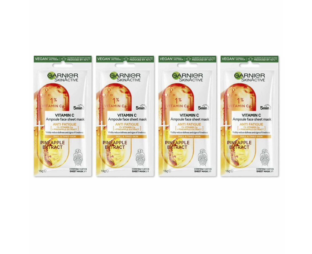 4 x Garnier Skin Active Vitamin C Anti Fatigue Ampoule Face Sheet Mask Pineapple Extract 15g