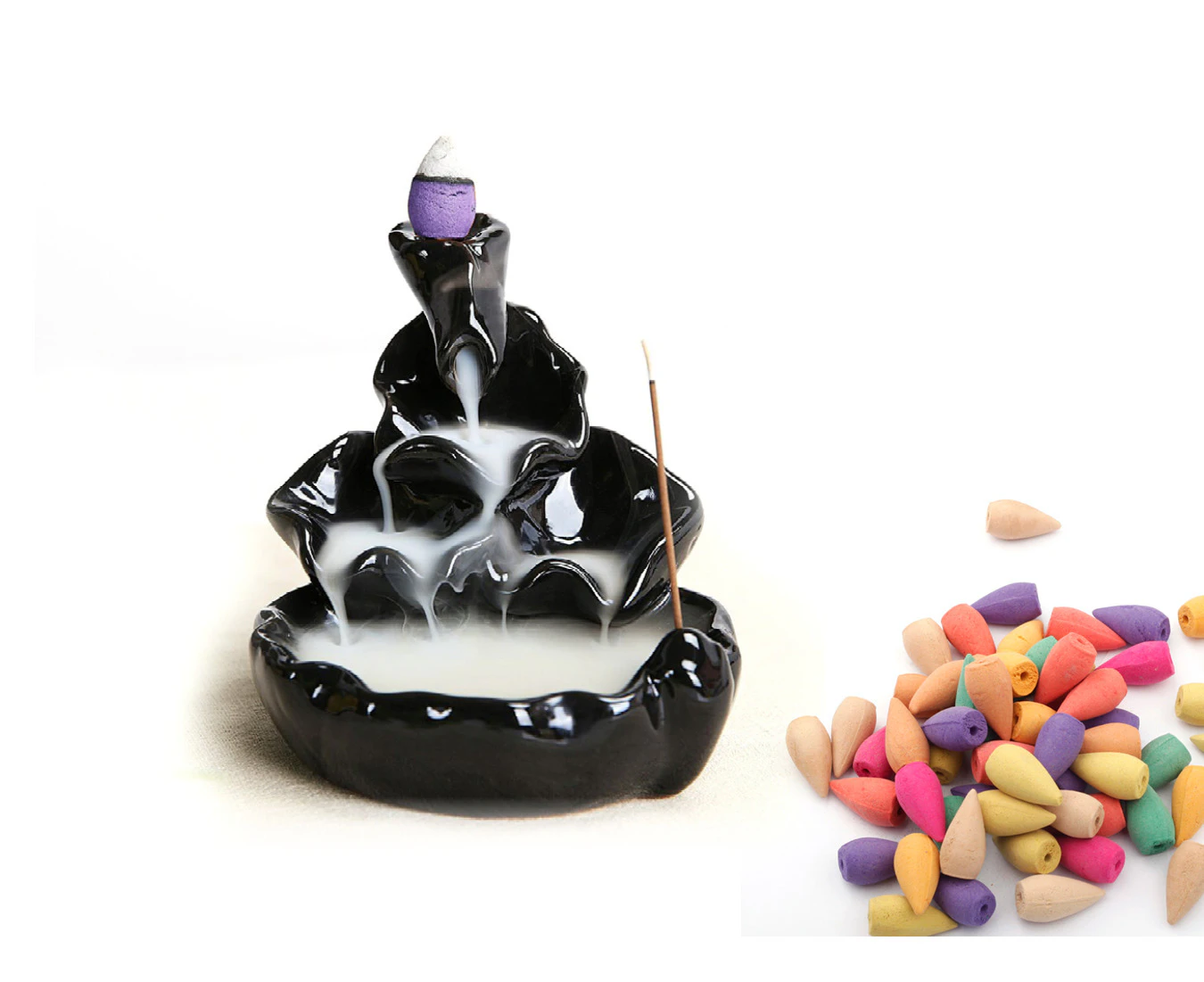 New Incense Waterfall Burner (Sydney Stock) Black Ceramic Censer Holder Back flow Smoke With 100 Free Cones