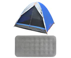 2 Person Dome Tent + Double Air Mattress Bed Camping Set Outdoor - Blue