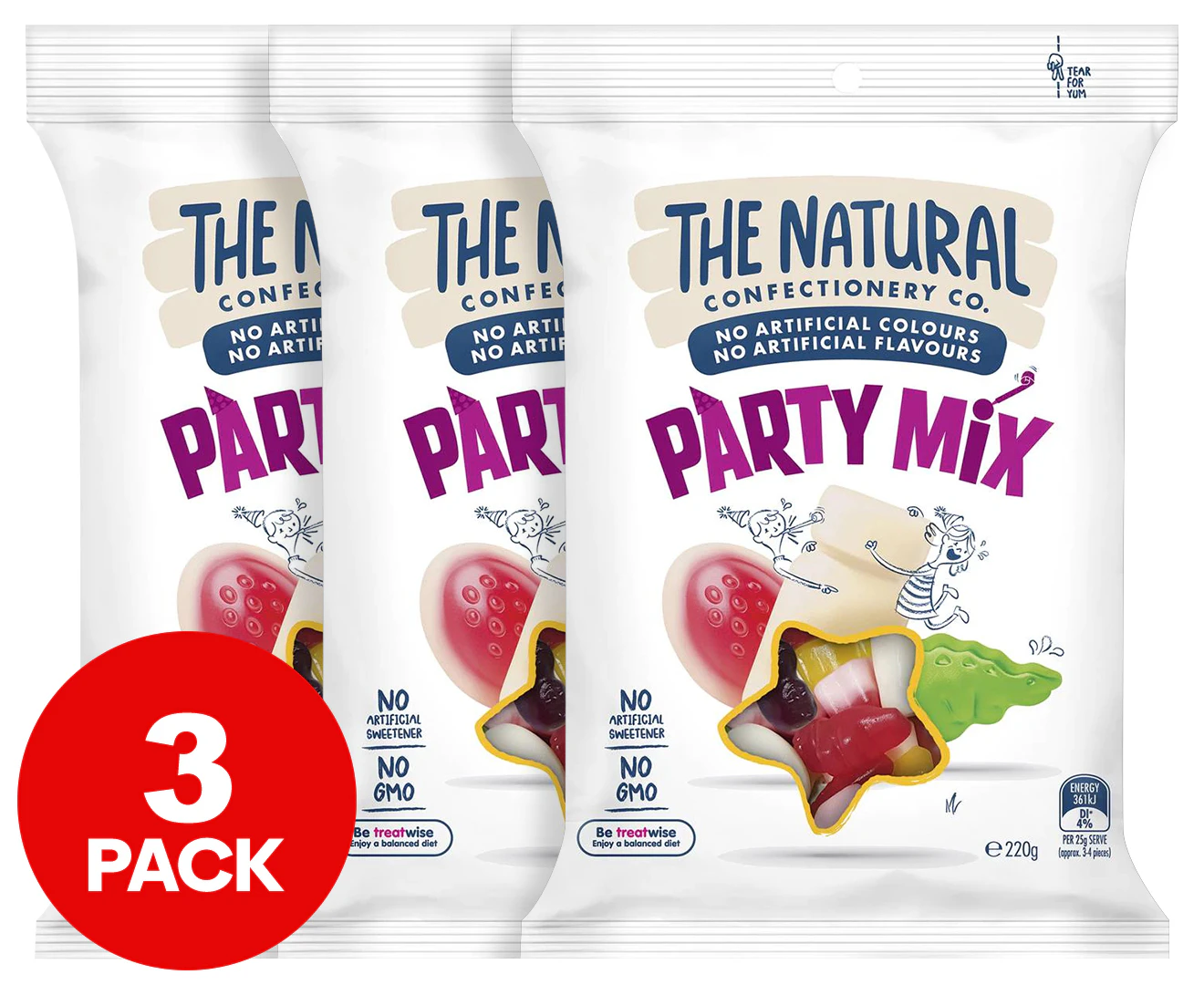 3 x The Natural Confectionery Co. Party Mix 220g