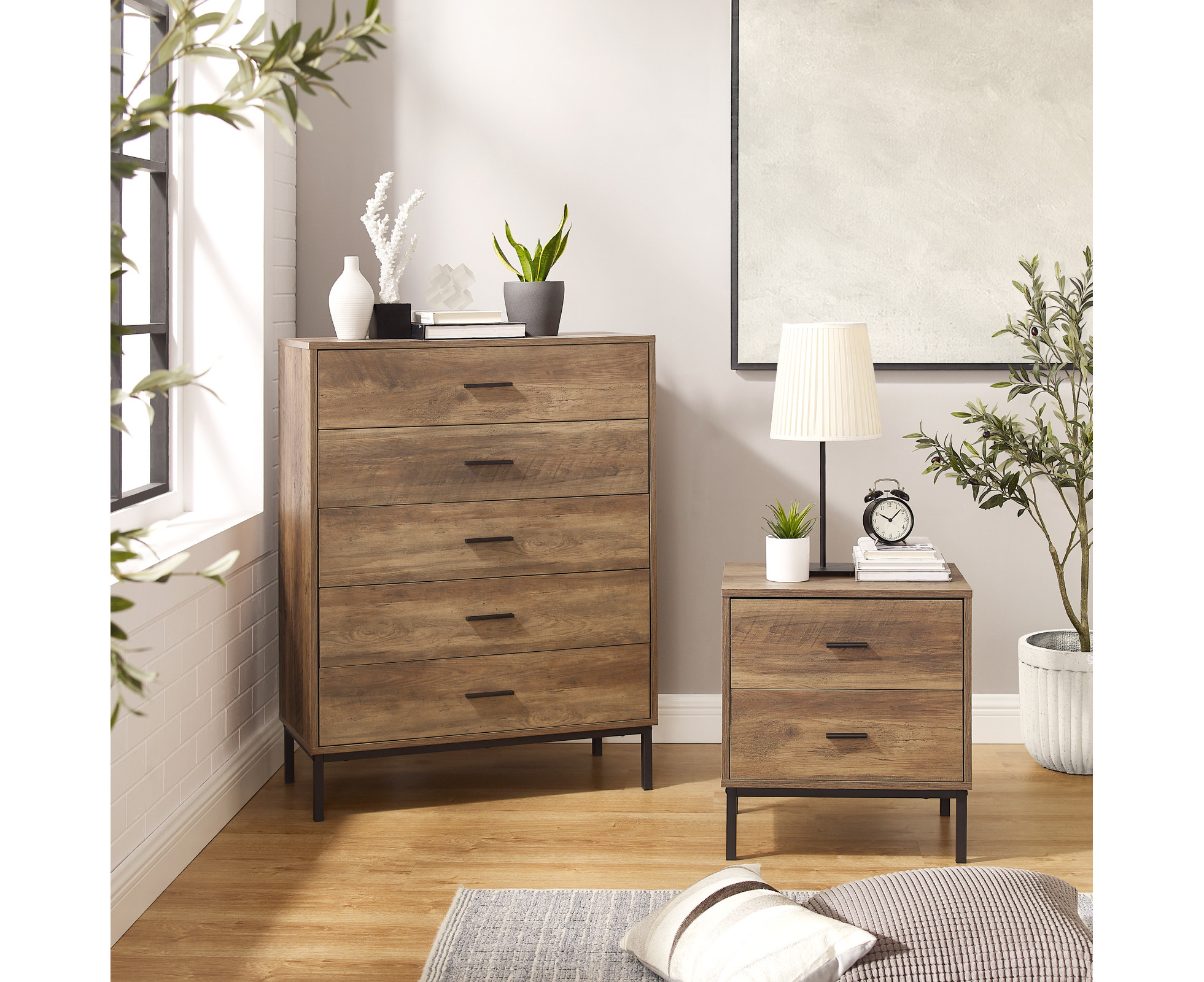 Cosmoliving Bronx Chest of 5 Drawers Dresser(1 unit) + Bedside Table (1 ...