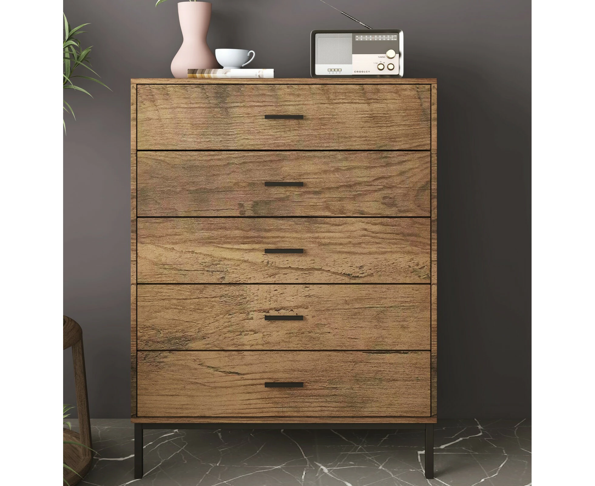 Bronx Chests of 5 Drawers Tallboys & Dressers Vintage Edge W/Black Metal Handle Bedroom Storage Drawers