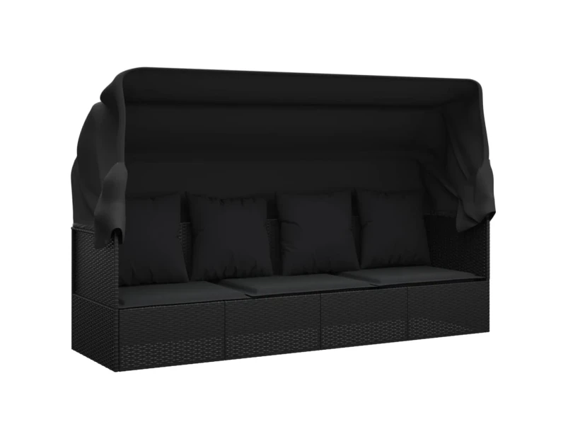 Outdoor Lounge Bed with Roof and Cushions Black Poly Rattan