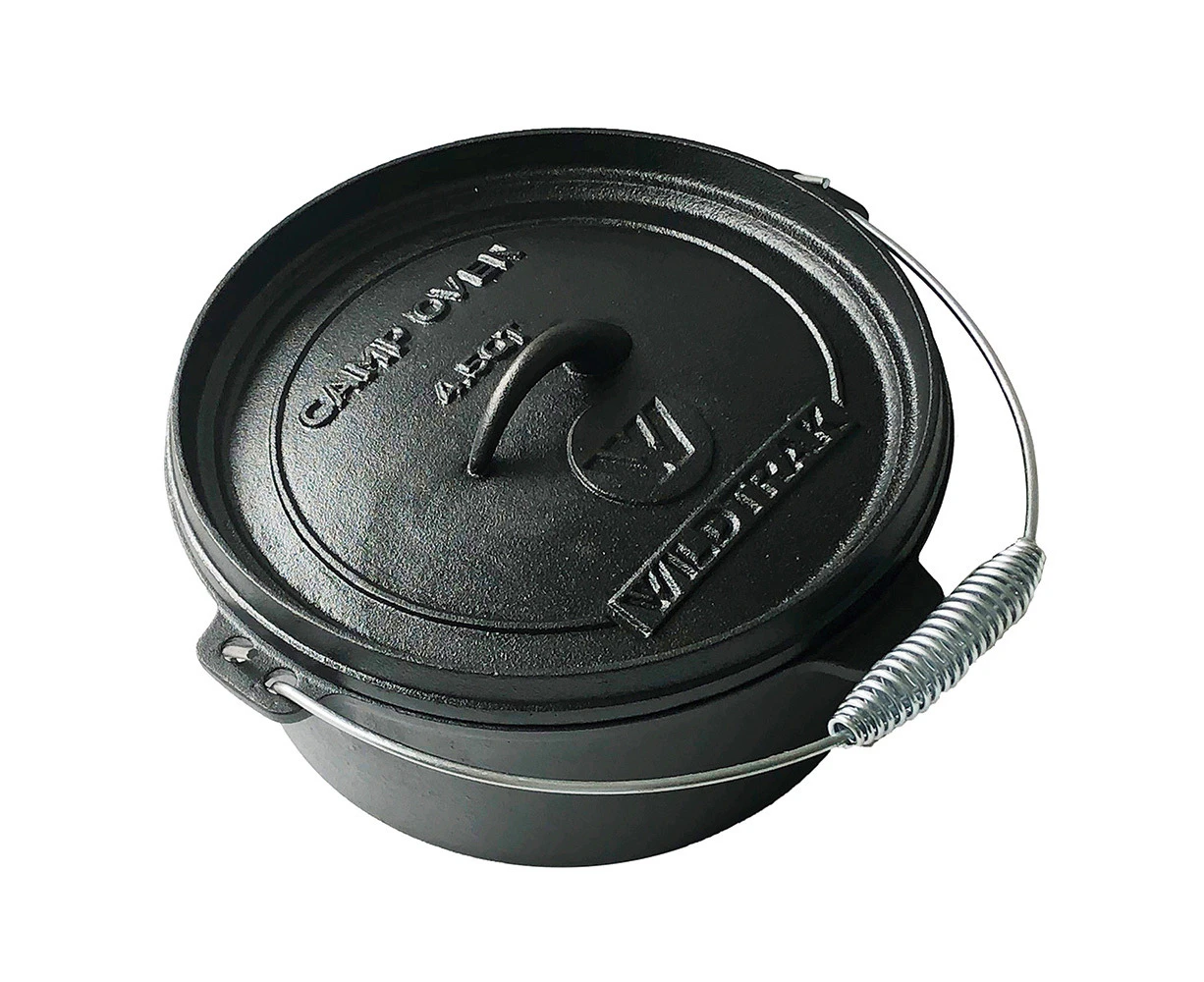 Wildtrak Round 4.5qt/25cm Cast Iron Camp Oven Pot Camping Outdoor Cookware Black