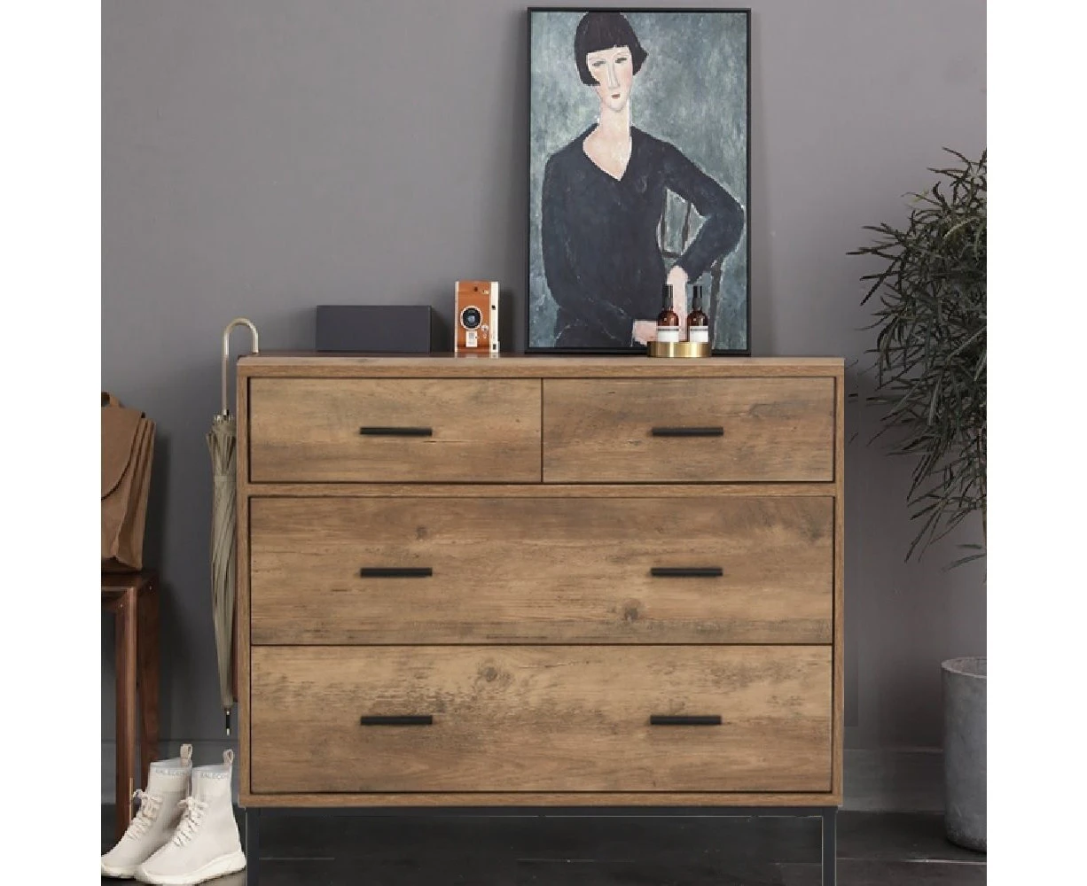 Bronx Chest of 4 Drawers Industrial Tallboy Dresser W/Black Metal Handle