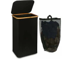 110 liter laundry basket with mesh pocket and lid (black), bamboo handle, XXL foldable laundry basket