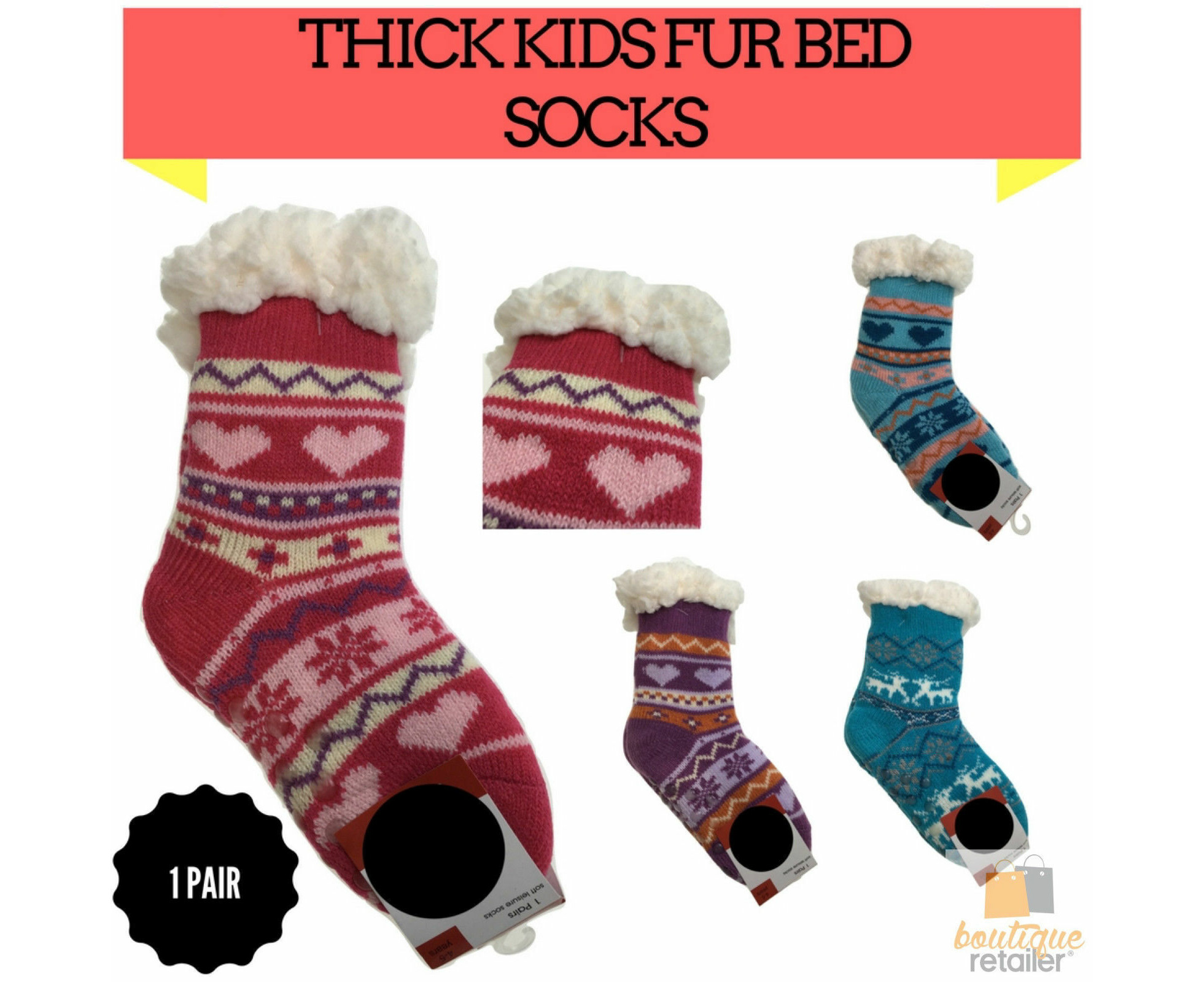 1 Pair KIDS Thick Fur Bed Socks Boys Girls Soft Work Fluffy Slippers Non  Slip