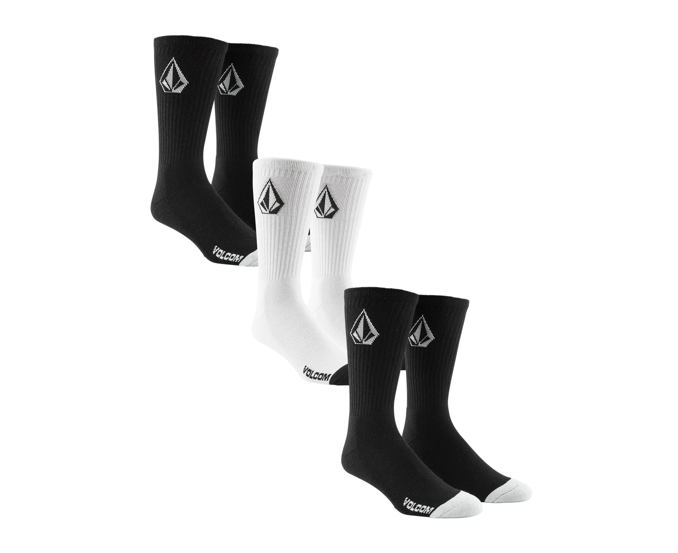 Volcom Men's Full Stone Crew Sock 3 Pack - Black/White