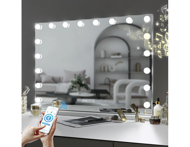 FENCHILIN Bluetooth Hollywood Mirror 80x58cm 18-LED Vanity Mirror with Lights USB Charge Tabletop Wall for Makeup