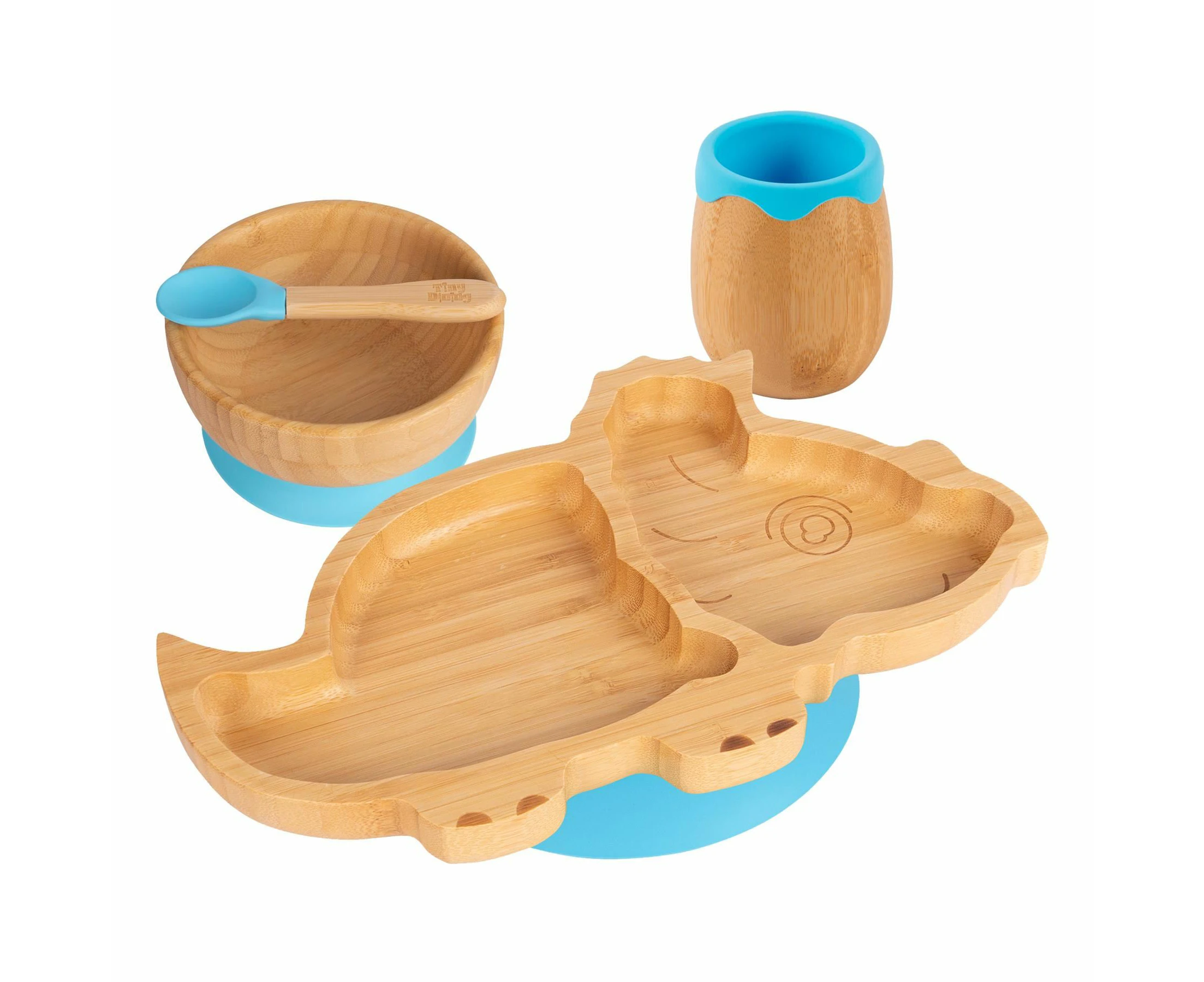 Tiny Dining 4pc Dinosaur Bamboo Suction Baby Feeding Set - Blue