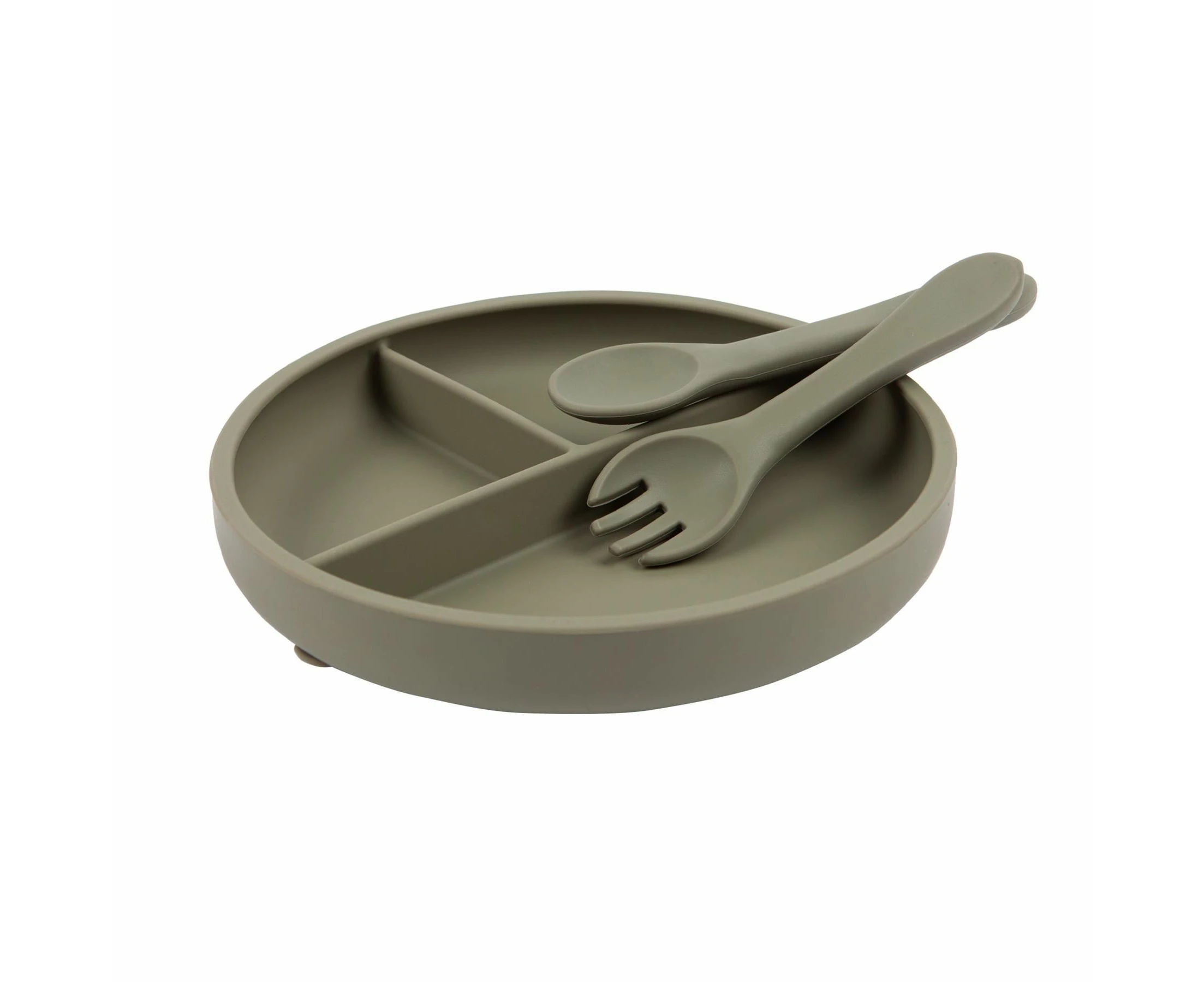 Tiny Dining Baby Silicone Suction Plate, Fork & Spoon Set - Silver Sage