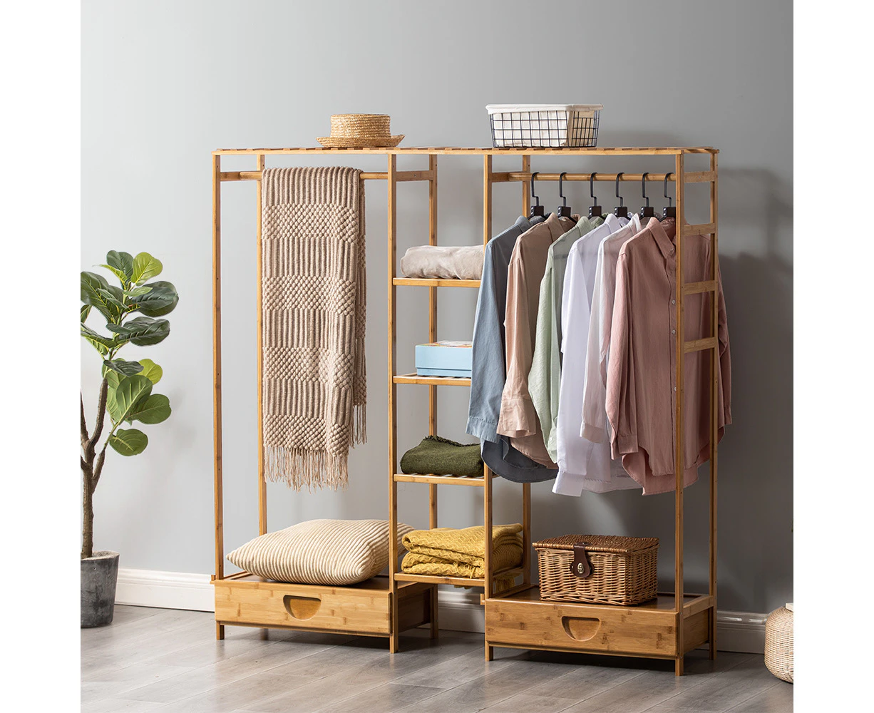 Levede Clothes Rack Wooden Wardrobe Garment Coat Hanging Rail Shoe