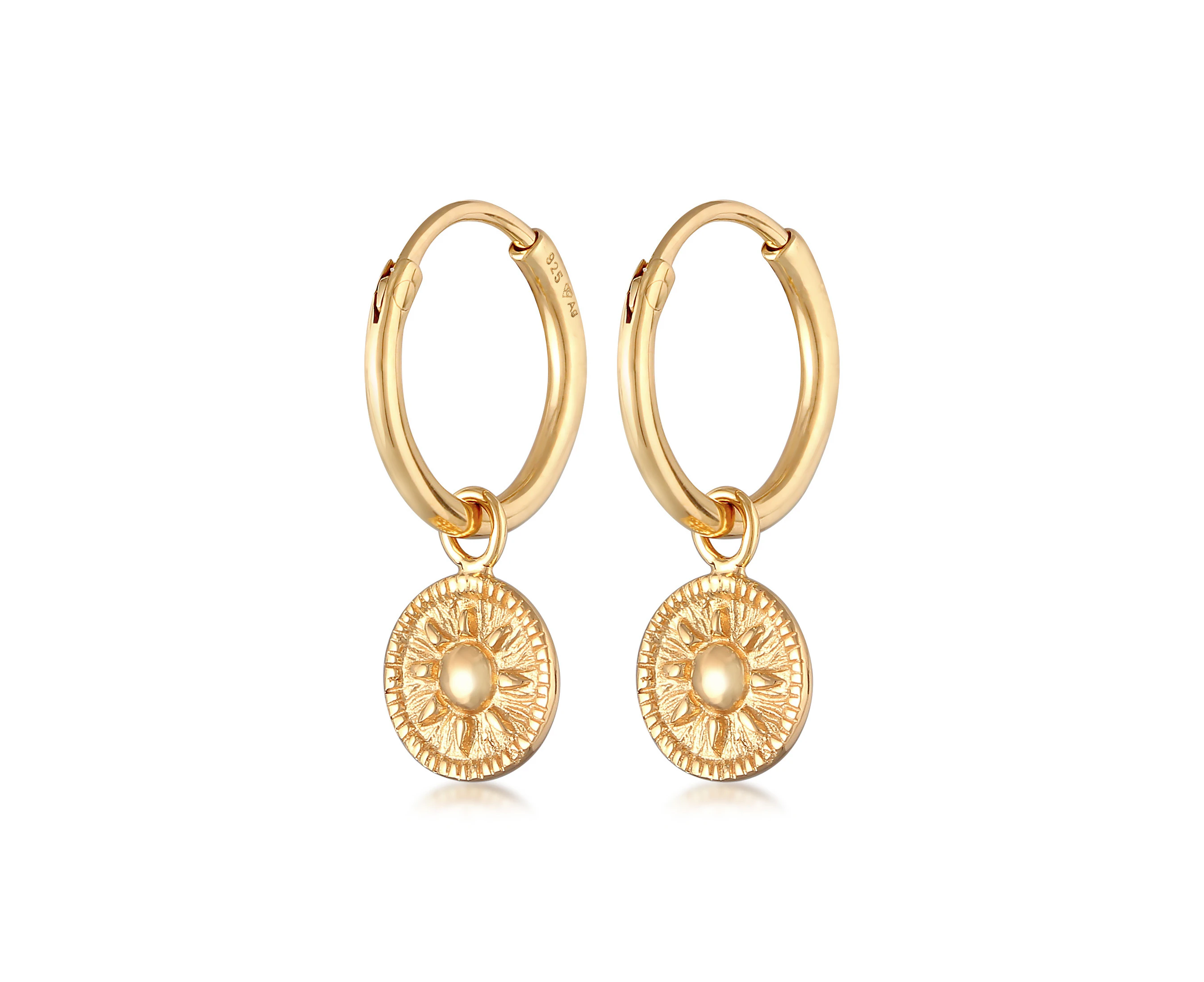 Elli Jewelry Women'S Creoles Coin Sun Round In 925 Sterling Silver Gold Plated Earrings - Gold