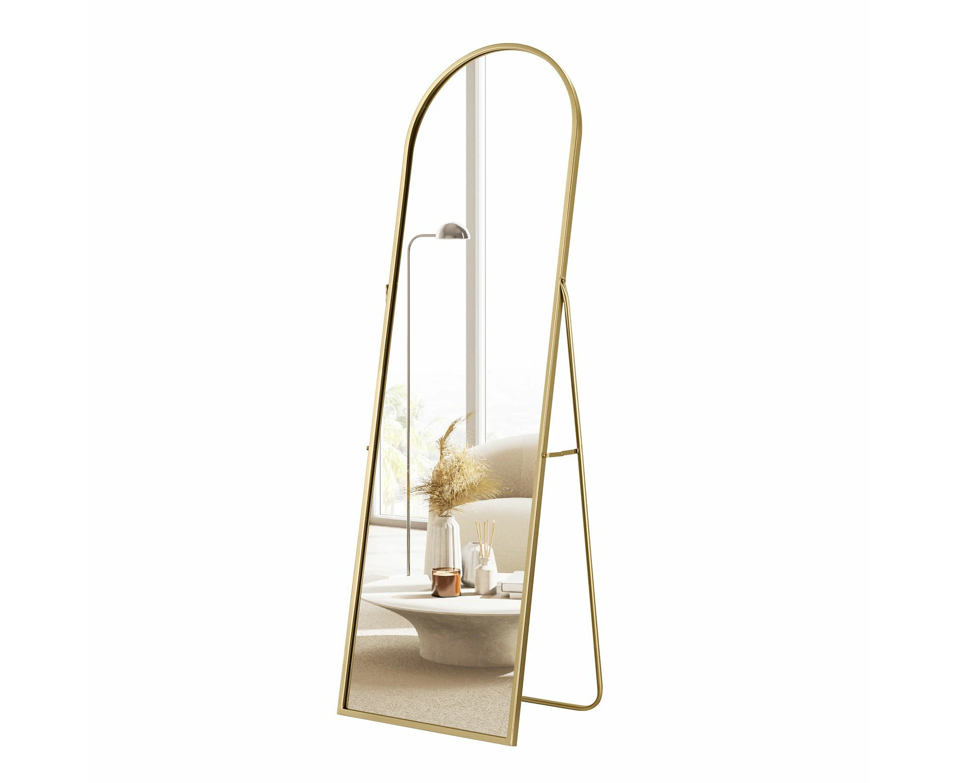 Arch Full Length Mirror Body Free Standing Floor Bedroom Hallway Leaning Makeup Vanity Dressing HD Glass Gold Metal Stand 50x2x160cm