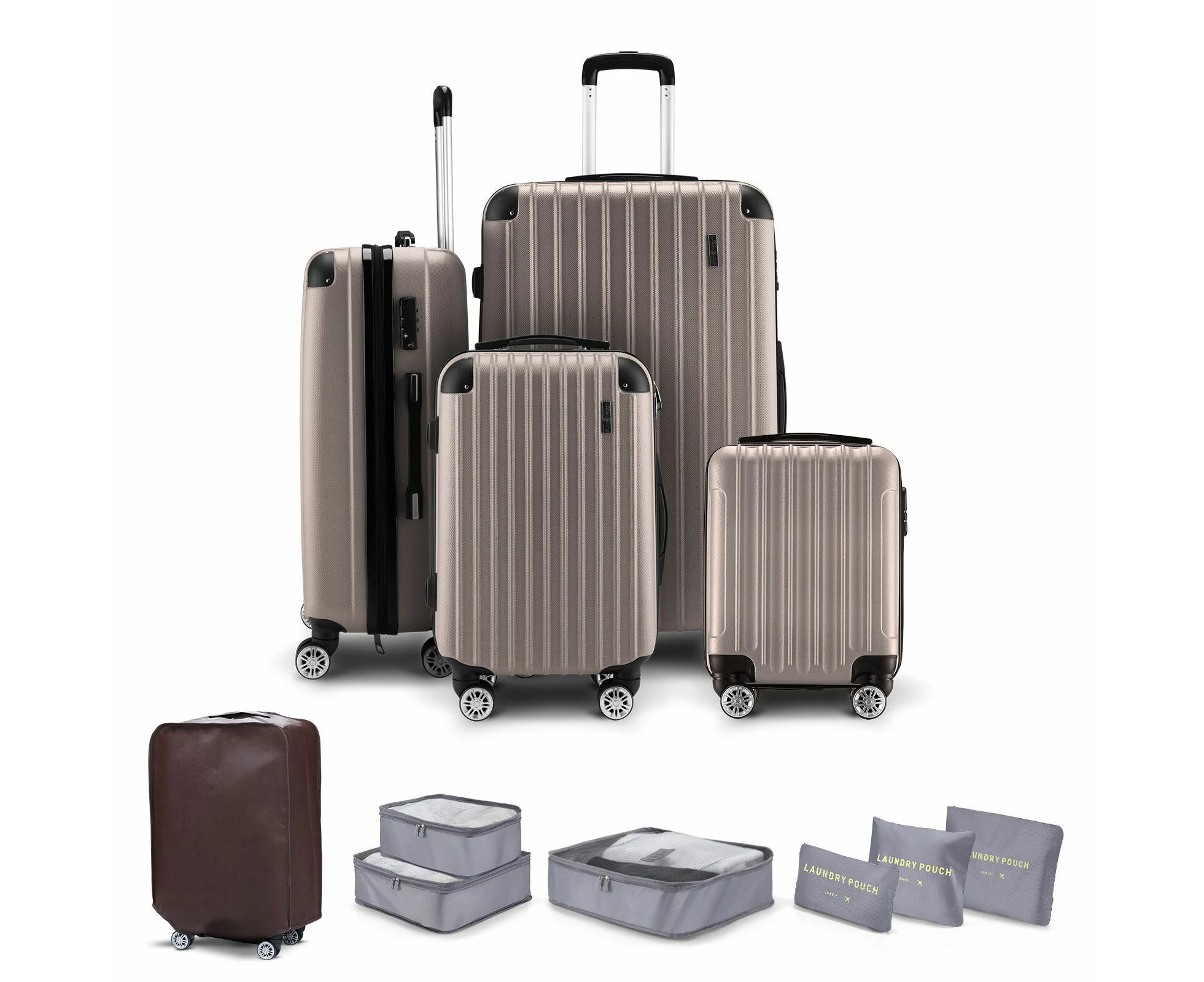 4 Piece Luggage Set Suitcase Carry On Traveller Bags Hard Shell Trolley Checked Bag TSA Lock Lightweight Expandable Champagne