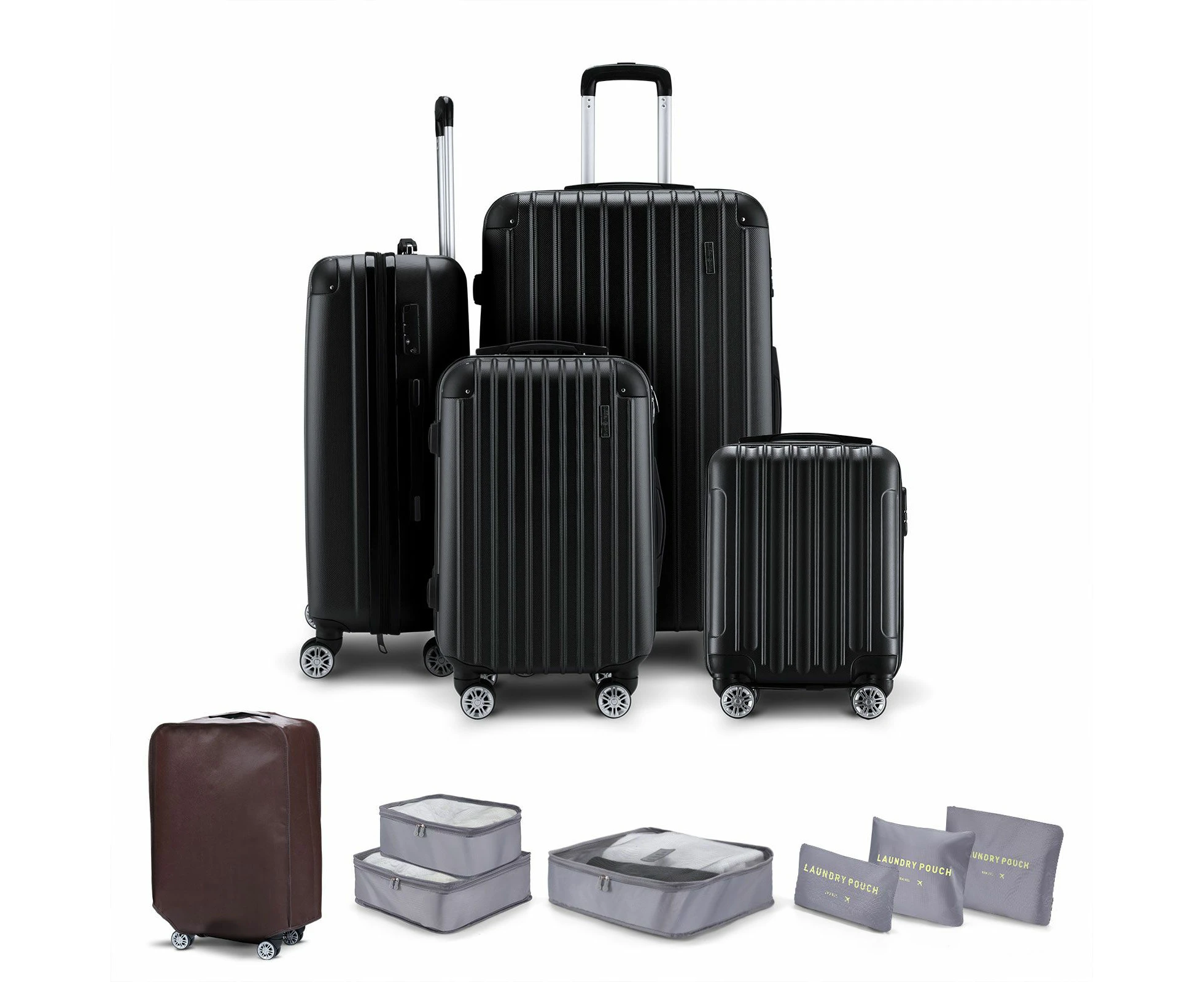 4 Piece Luggage Suitcase Set Carry On Traveller Bag Hard Shell TSA Lock Checked Trolley Rolling Lightweight Expandable Black