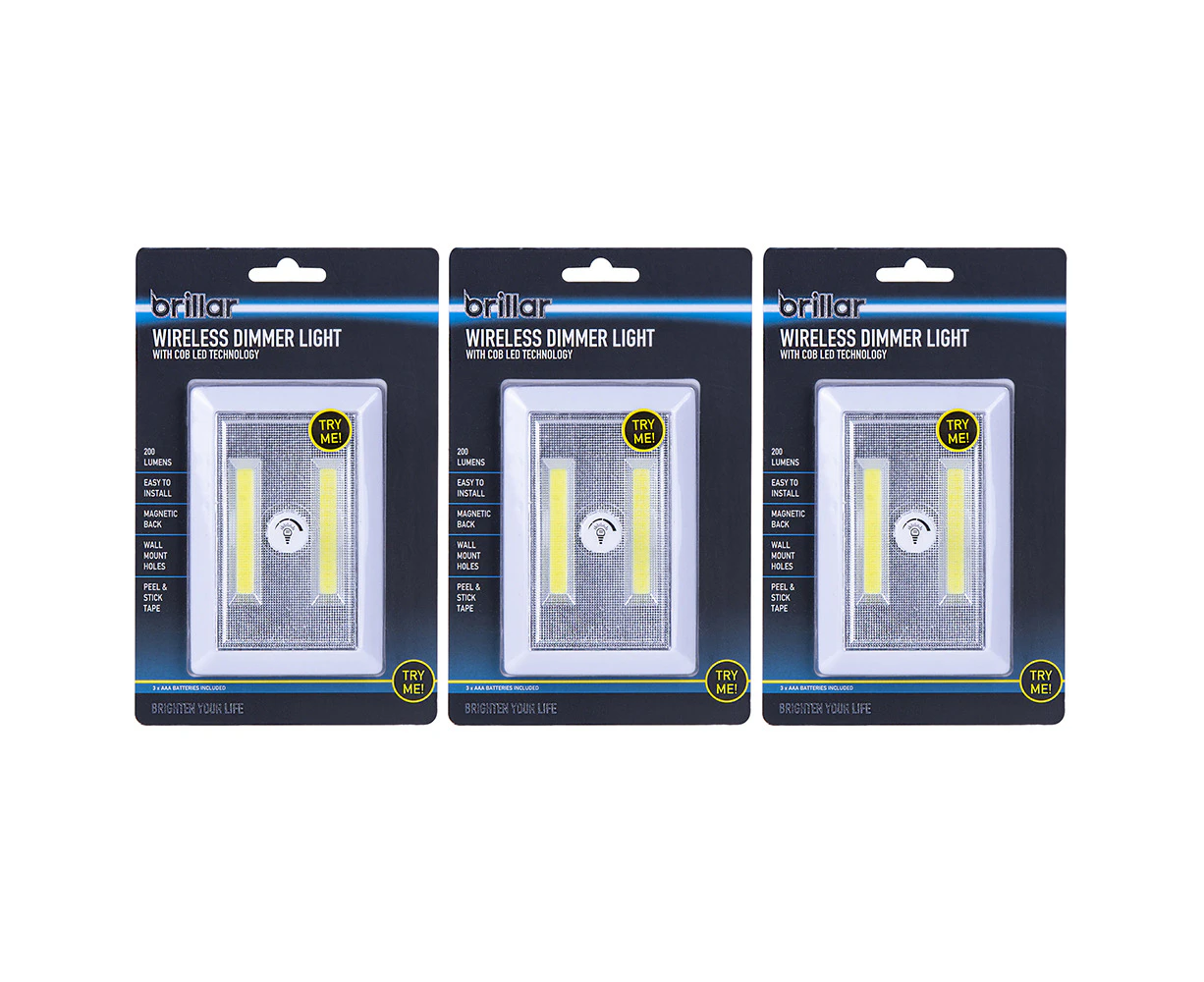 3x Brillar Wireless Battery Operated w/Cob LED Dimmer Light Switch WHT