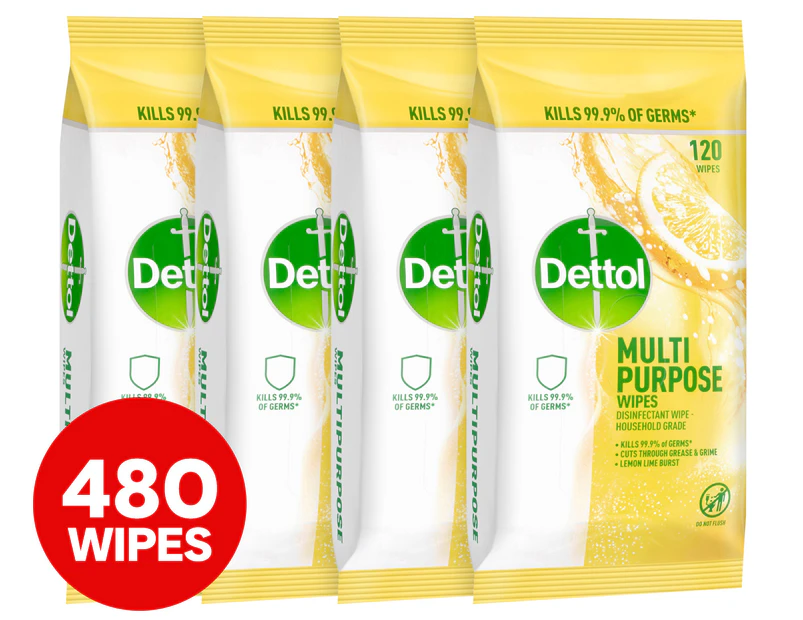 4 x 120pk Dettol Multi Purpose Disinfectant Wipes Lemon Lime Burst
