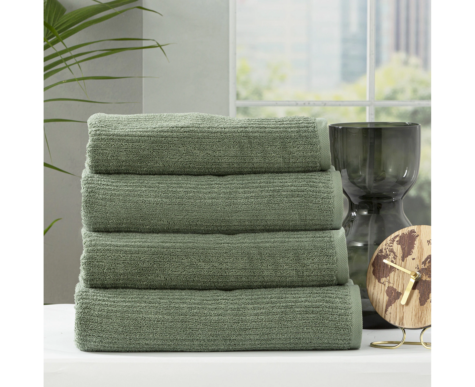 Renee Taylor 4 Piece Ribbed Cotton Cobblestone 650 GSM Bath Towel sets Sage By Cloudlinen