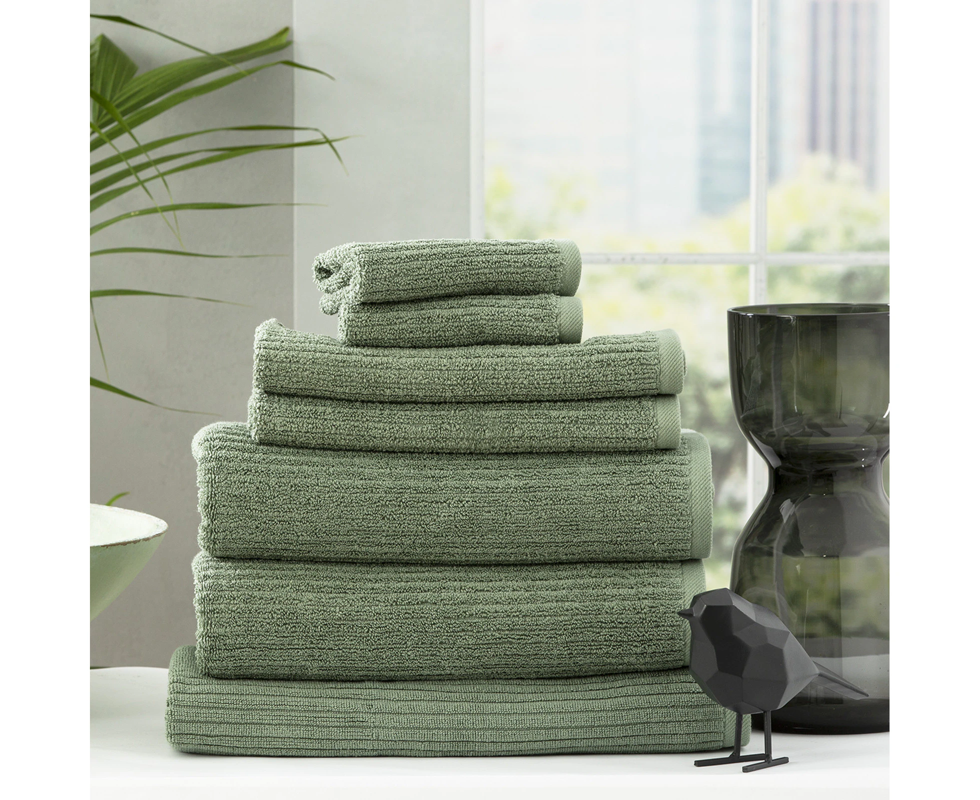 Renee Taylor 7 Piece Ribbed Cotton Cobblestone 650 GSM Towel sets Sage By Cloudlinen