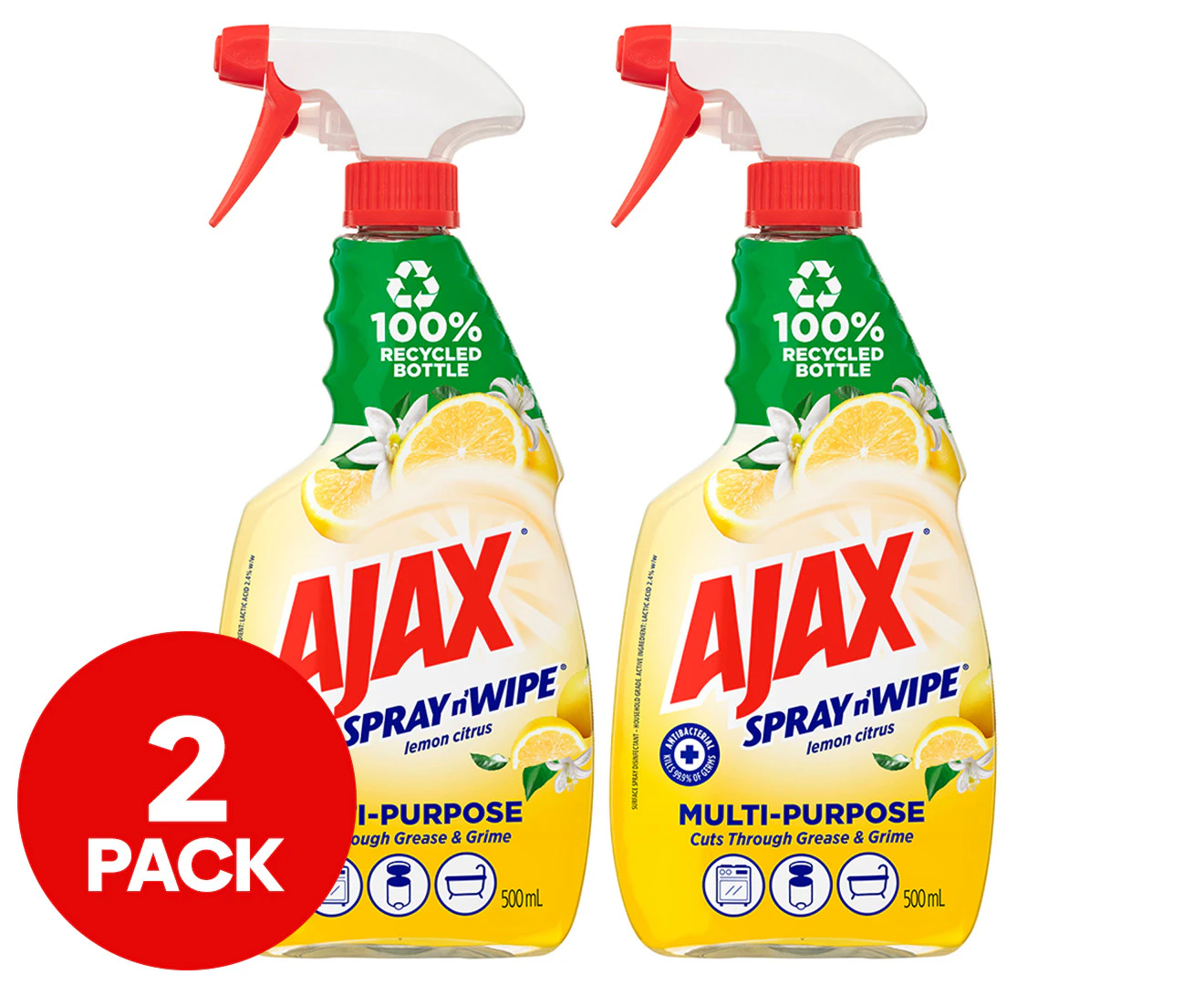 2 x 500mL Ajax Spray n' Wipe Multi-Purpose Surface Spray Lemon Citrus