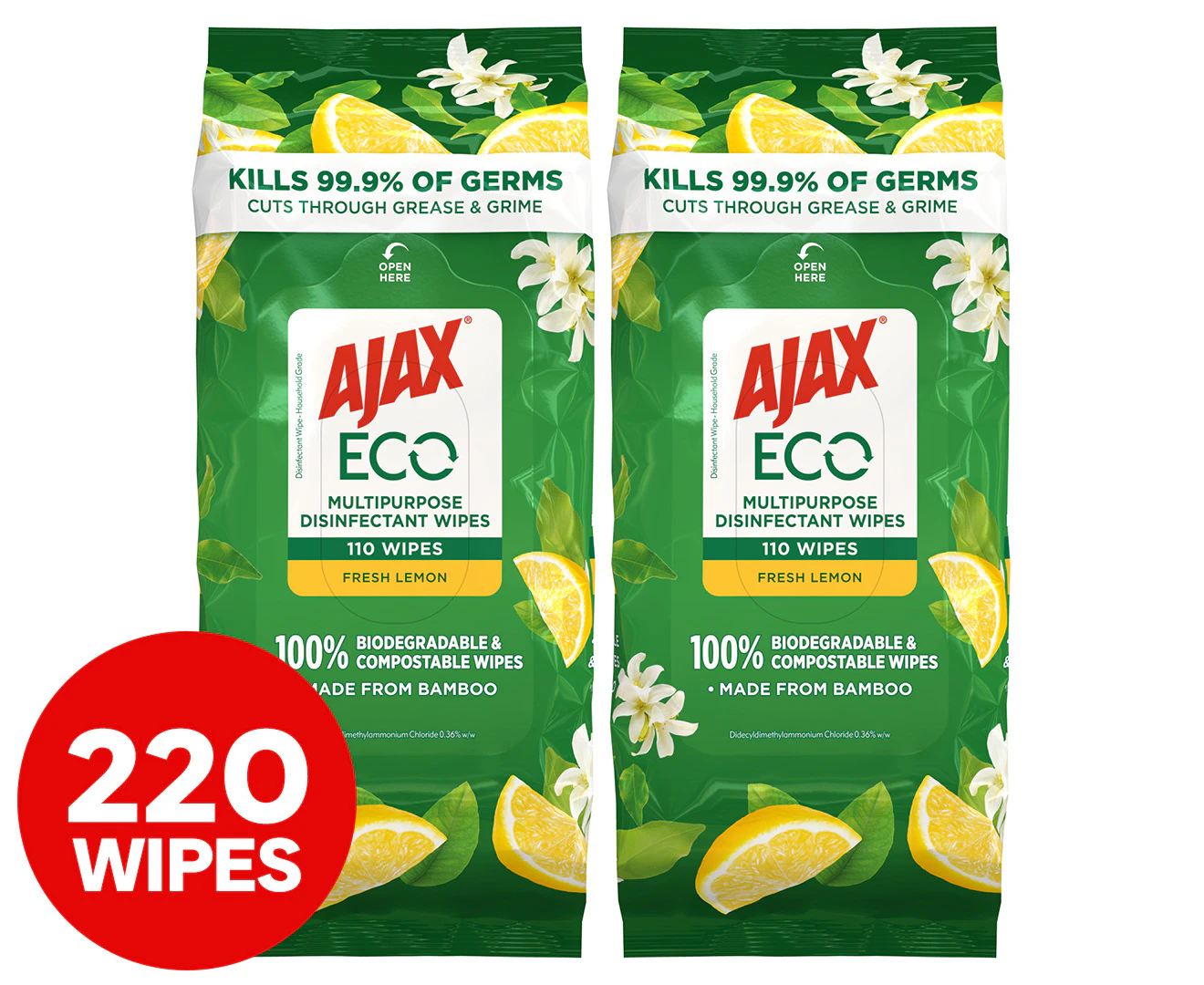 2 x 110pk Ajax Eco Antibacterial Wipes Fresh Lemon