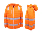 HI VIS Puffer Safety Jacket Reflective Tape Removable Hood Zip Pocket Puffy Coat - Fluro Orange
