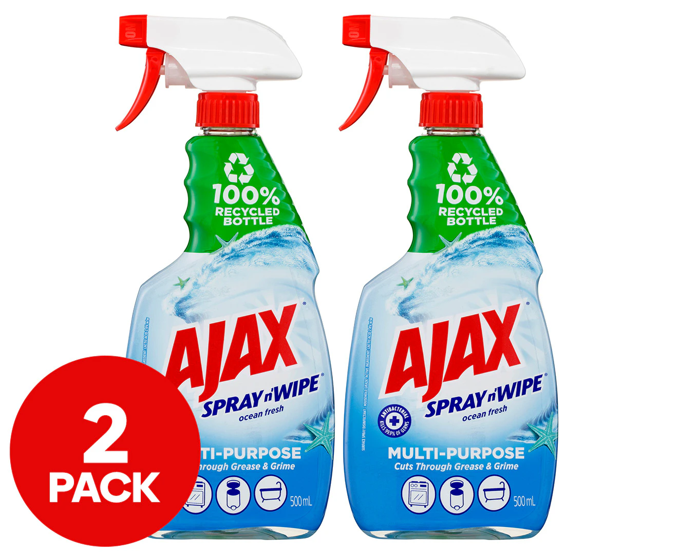 2 x 500mL Ajax Spray n' Wipe Multi-Purpose Surface Spray Ocean Fresh