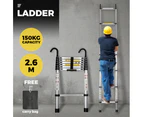 Portable 2.6m Telescopic Ladder With Safety Hooks Aluminium Folding Ladder, Multi Purpose Compact Design, Safety Lock 150kg Capaci