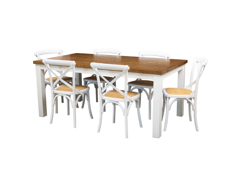 Dining Sets Norah 7Pc Dining Set Table 180Cm Solid Acacia Wood White Crossback Chair