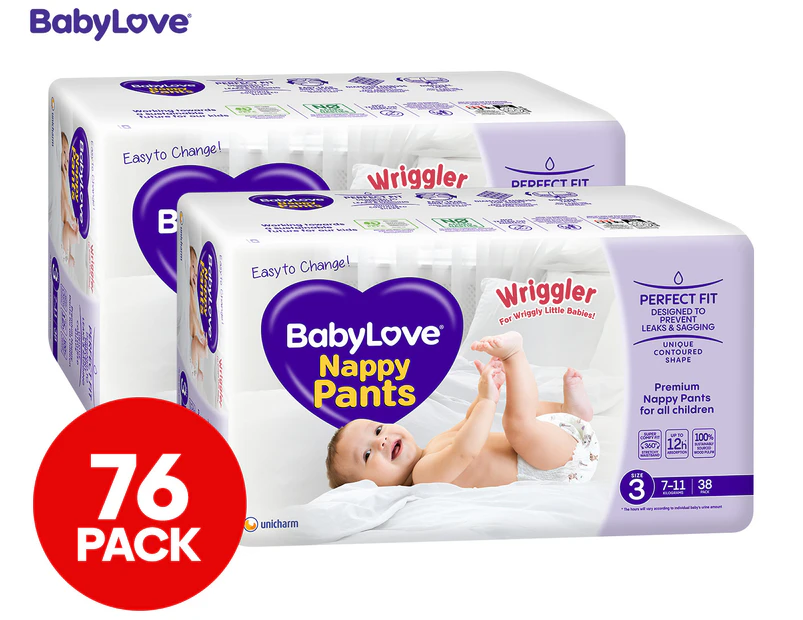 2 x 38-Pack BabyLove Wriggler Size 3 Nappy Pants 7-11kg