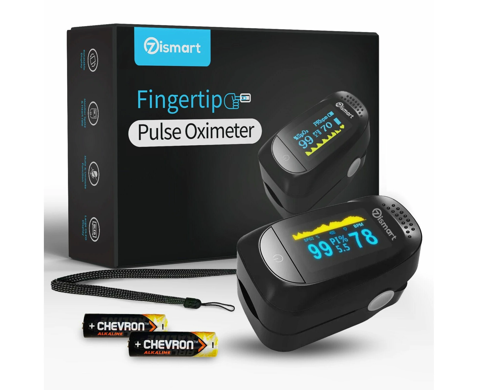 Fingertip Pulse Oximeter Blood Oxygen Saturation (SpO2) Heart Pulse Rate Monitor Large OLED Display  Lanyard and Batteries included ATRG 413949 Ozismart