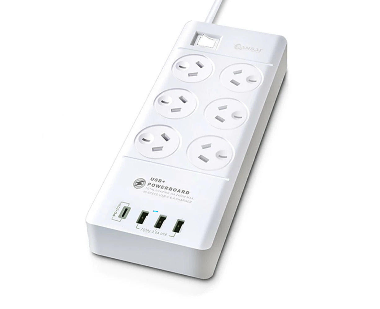 Sansai 6-Way Outlet 2400W Surge Protector Power Board/USB-A/USB-C Charger Ports