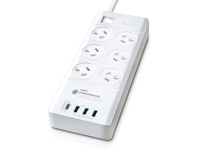 Sansai 6-Way Outlet 2400W Surge Protector Power Board/USB-A/USB-C Charger Ports