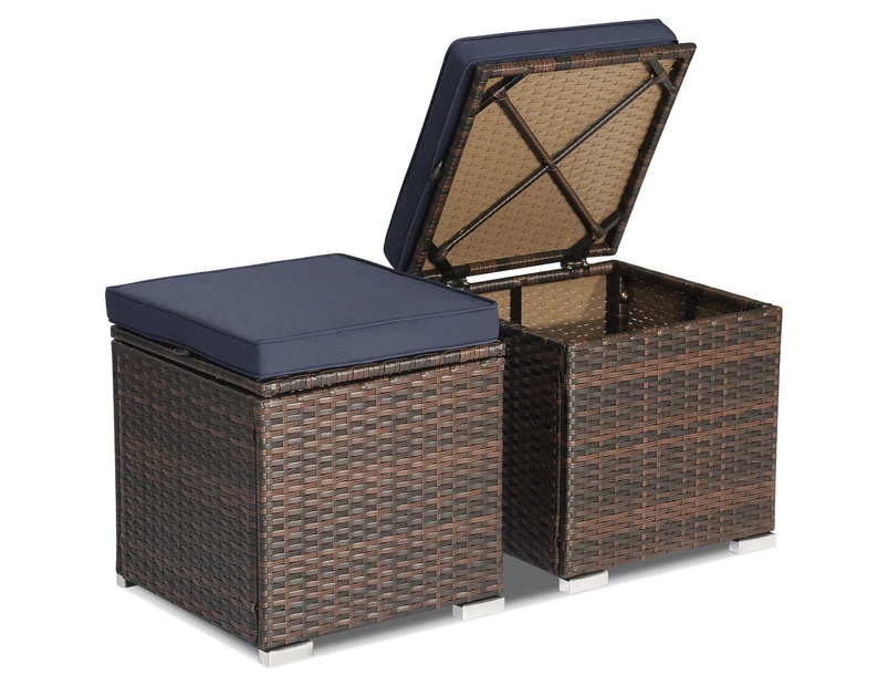 Costway 2x Outdoor Rattan Ottoman Footstool w/Navy Cushion Storage Box Side Table Backyard Patio Garden