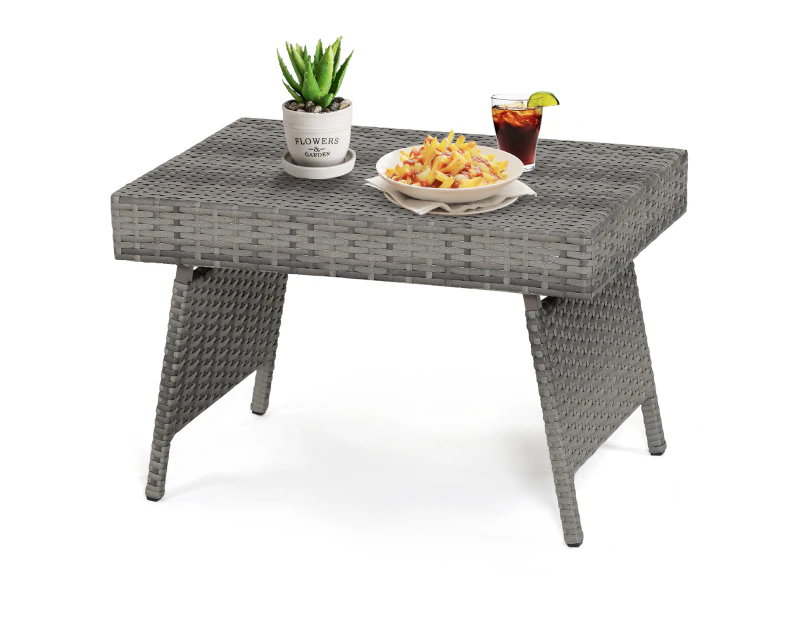 Costway Side Coffee Table Outdoor Furniture Folding Rattan Table Indoor Garden Patio Poolside, Grey