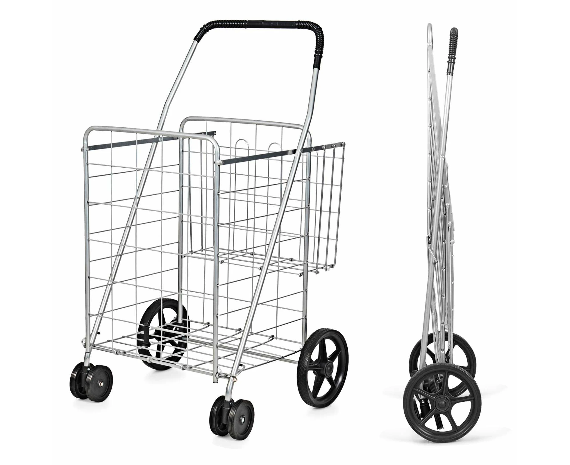 Costway Portable Shopping Cart Storage Trolley Basket Grocery Rolling Cart w/Double Basket Silver