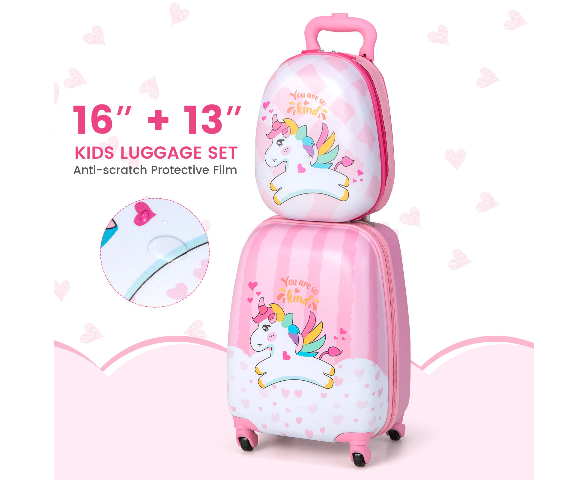 Costway 16"+13" Luggage Set ren Suitcase Trolley Mobile Carry On Bag Girl Gift, Pink