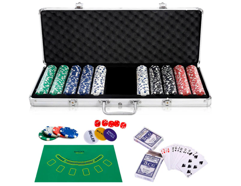 Costway 500Pcs Poker Chips Set Classical Card Games Casino Party w/Case Texas Holdem, Blackjack, Gambling Sliver