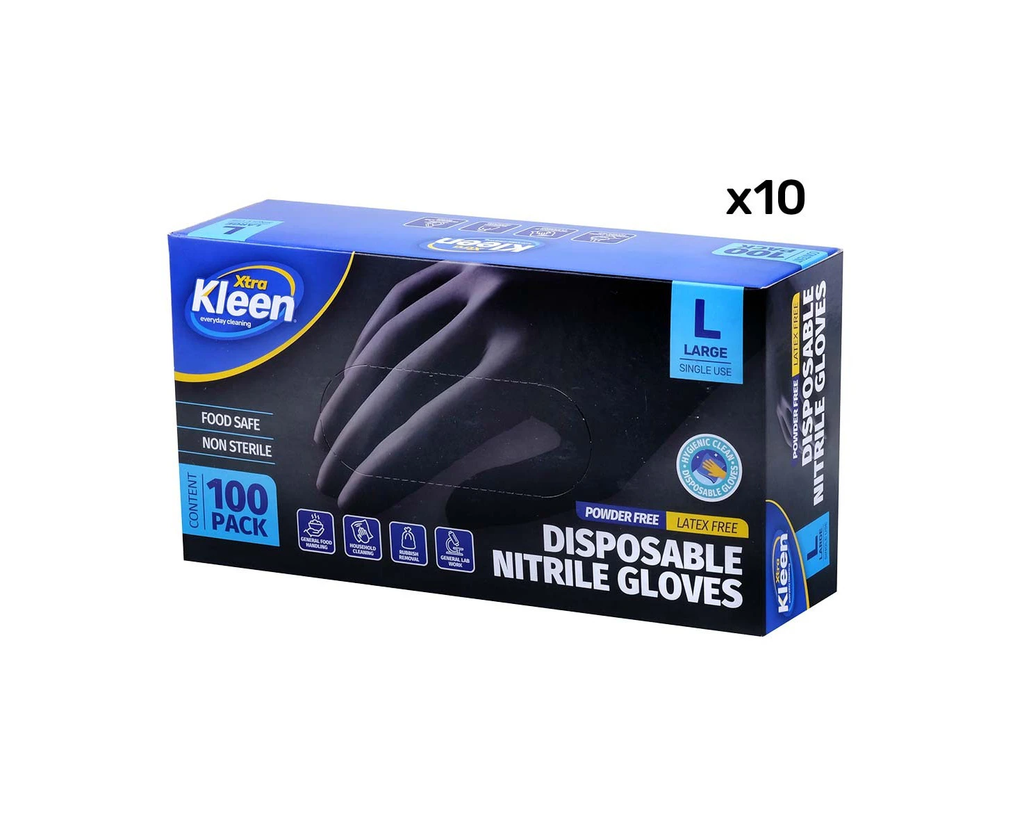 Xtra Kleen 1000PCE Disposable Nitrile Gloves Black Latex Powder Free Size L - Black